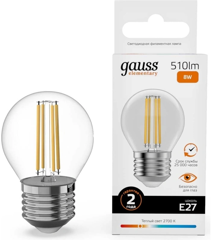 Лампа филам. Gauss Filament 8Вт цок.:E27 шар 220B св.свеч.бел.теп. (упак.:1шт) (52218) — фото 1