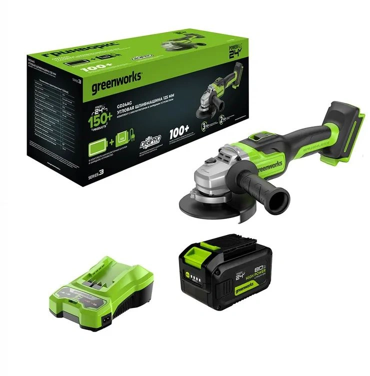 Углошлифовальная машина Greenworks GD24AG 758Вт 10500об/мин рез.шпин.:M14 d=125мм (3200207CUH)