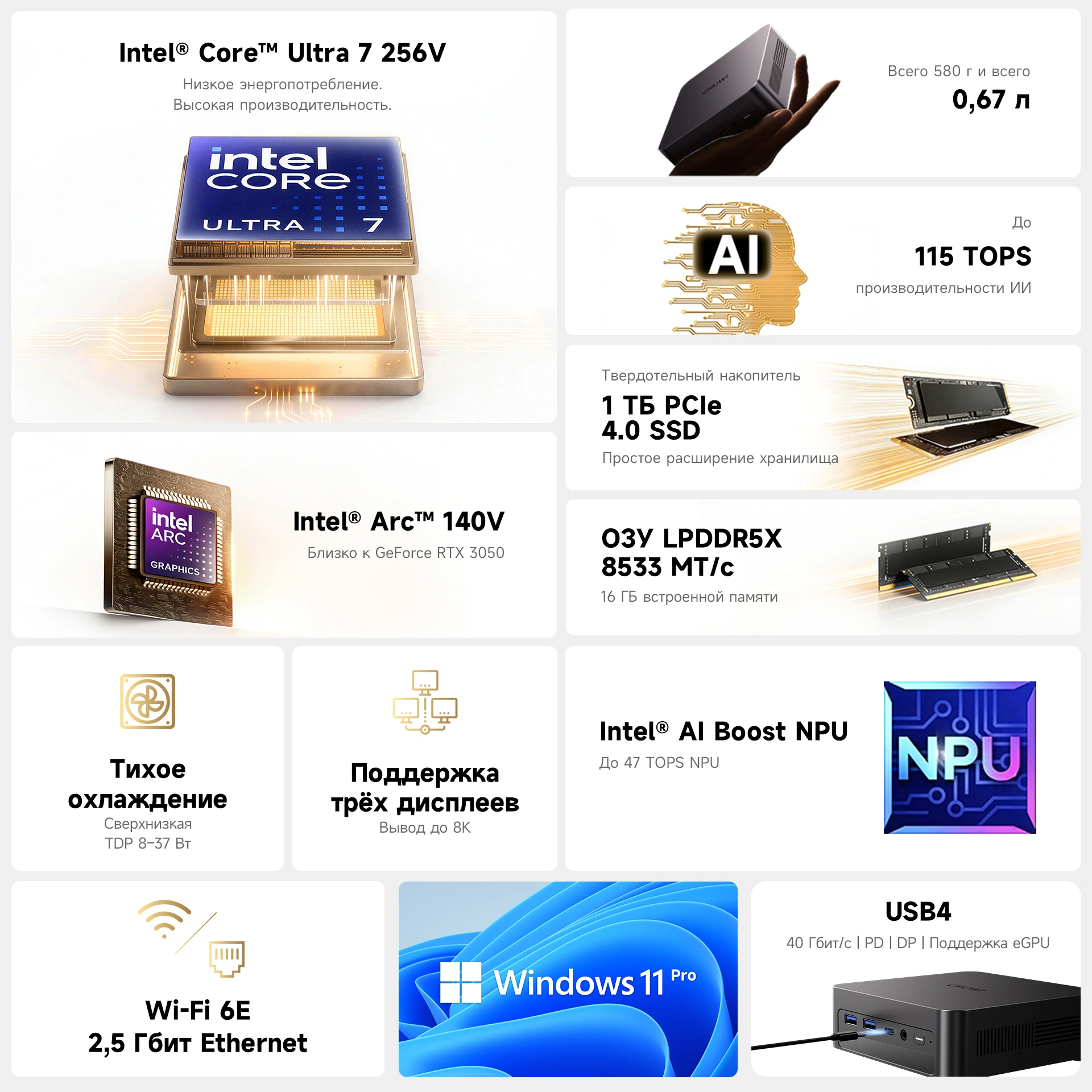 ПК Мини Chuwi AuBox X Core Ultra 7 256V (2.2) 16Gb SSD1Tb ARC 140V Windows 11 Pro 2.5xGbitEth WiFi BT 100W серый — миниатюра 17