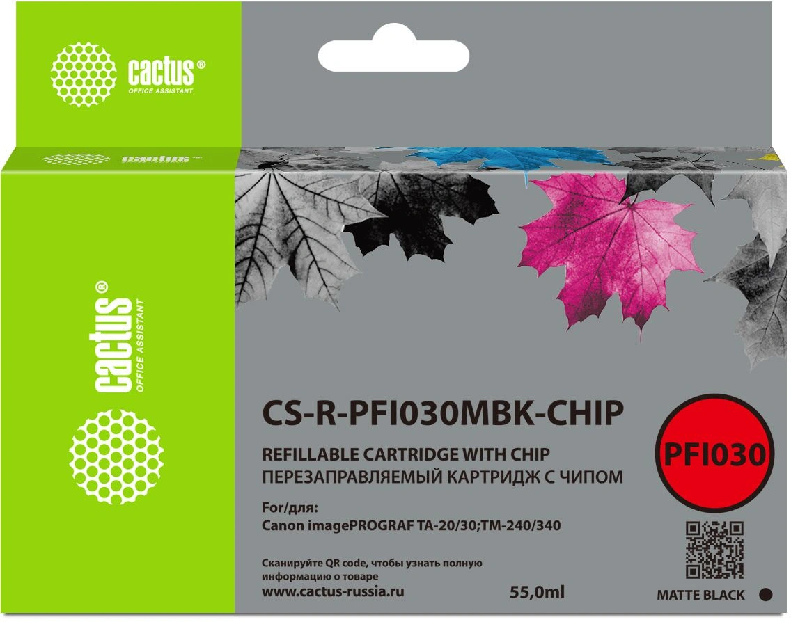 Картридж перезаправляемый струйный Cactus CS-R-PFI030MBK-CHIP черный матовый (55мл) для Canon imagePrograf TA-20/30/TM-240/340 с чипом — фото 1
