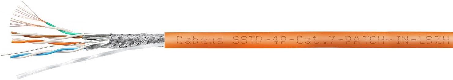 Кабель информационный Cabeus SSTP-4P-CAT.7-PATCH-IN-LSZH кат.7 S/FTP 4 пары 0.55AWG LSZH внутренний 305м оранжевый — фото 1