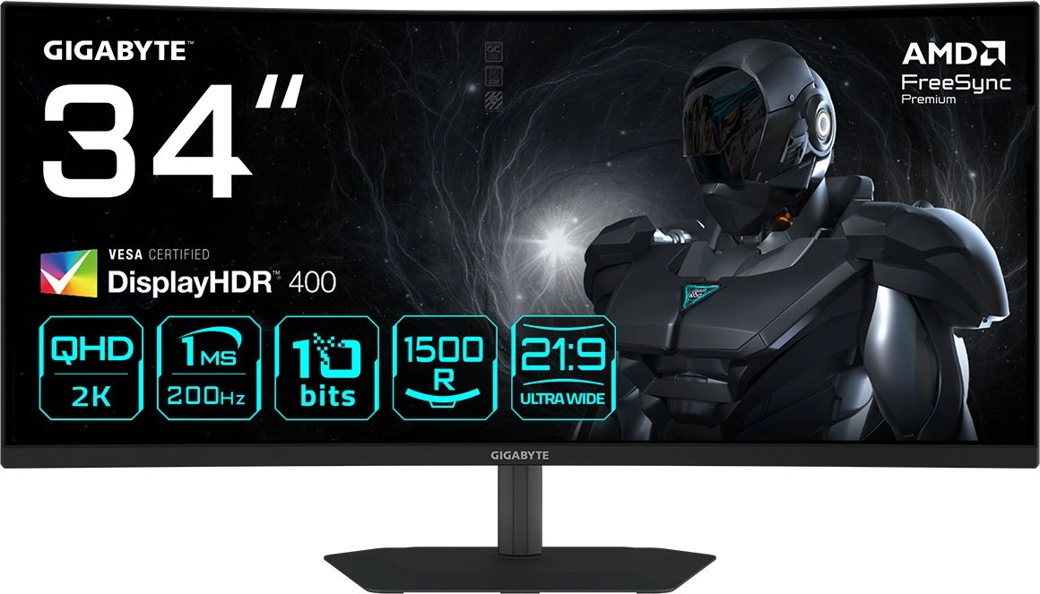 Монитор Gigabyte 34" G34WQC2 EK черный VA LED 21:9 HDMI M/M матовая HAS Piv 4000:1 450cd 178гр/178гр 3440x1440 200Hz FreeSync Premium DP WQ 7.36кг — фото 1