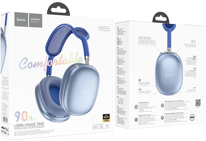 Гарнитура мониторные Hoco W55 1.2м синий беспроводные bluetooth оголовье (32690) — миниатюра 3