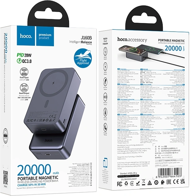 Мобильный аккумулятор Hoco J160 20000mAh 10W 3A беспров.зар. серый (64103) — миниатюра 9
