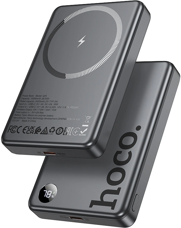 Мобильный аккумулятор Hoco Q34 Clever 10000mAh QC3.0/PD3.0 20W 3A беспров.зар. серый (44068) — фото 1