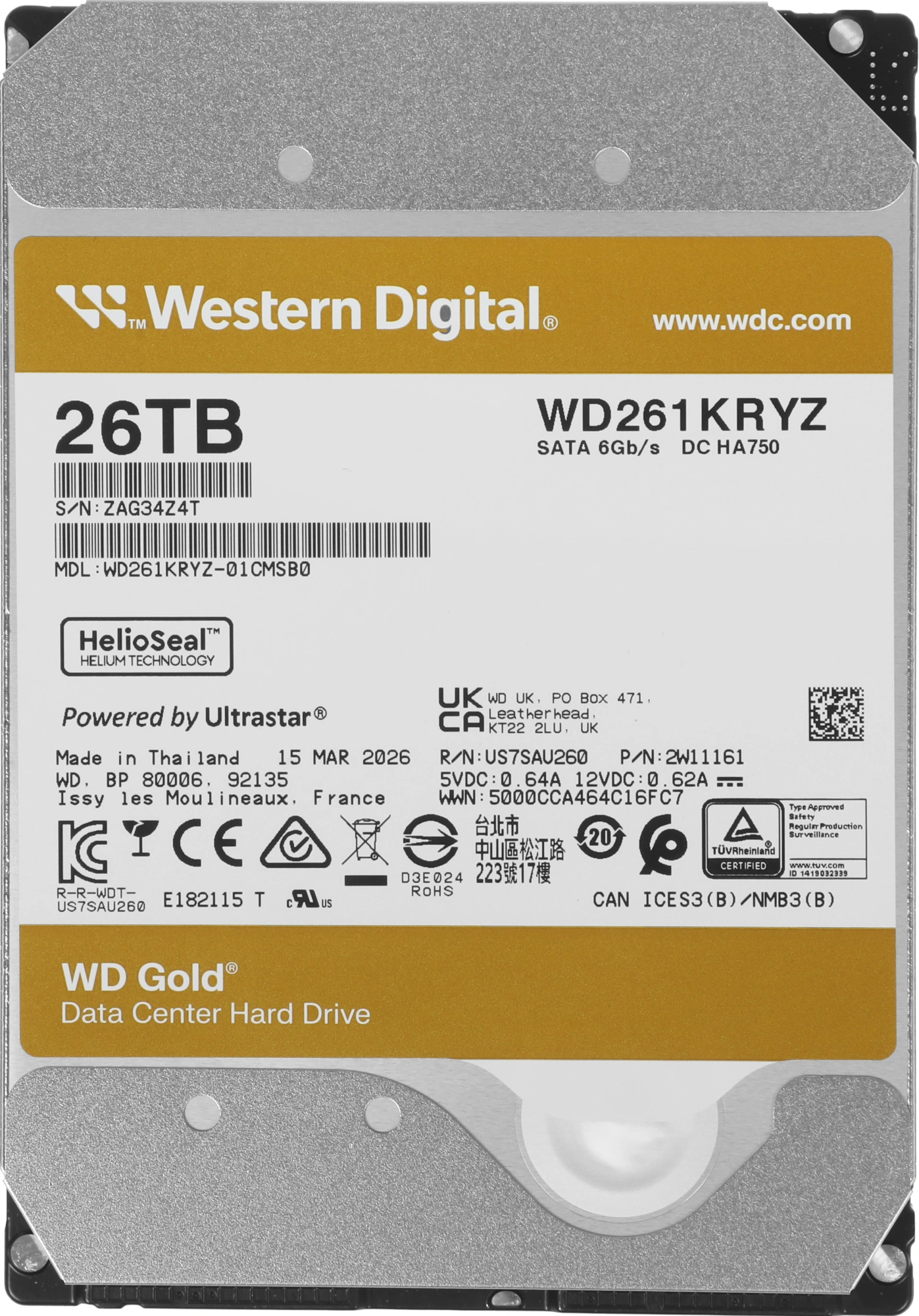 Жесткий диск WD SATA-III 26TB WD261KRYZ Server Gold 512E (7200rpm) 512Mb 3.5" — миниатюра 4