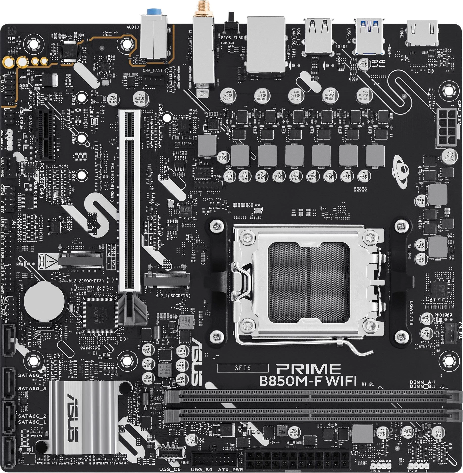 Материнская плата Asus PRIME B850M-F WIFI Socket AM5 AMD B850 2xDDR5 mATX AC`97 8ch(7.1) GbLAN RAID+VGA+HDMI — фото 1
