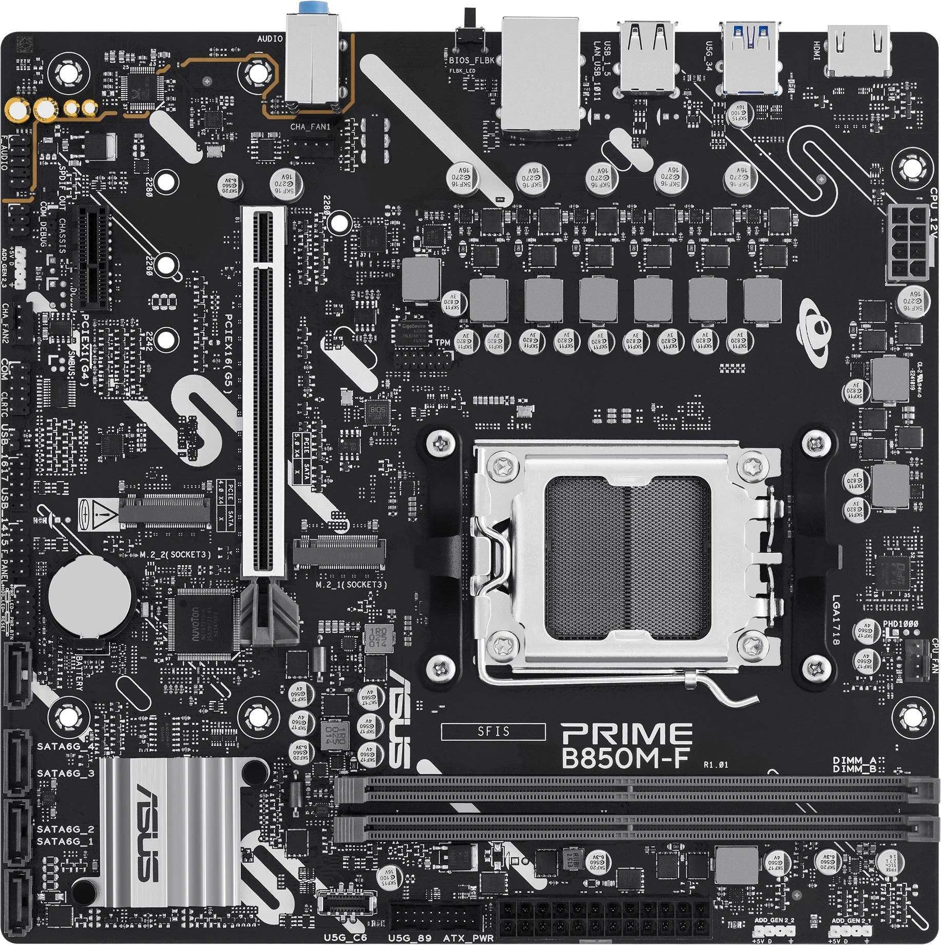 Материнская плата Asus PRIME B850M-F Socket AM5 AMD B850 2xDDR5 mATX AC`97 8ch(7.1) GbLAN RAID+VGA+HDMI — фото 1