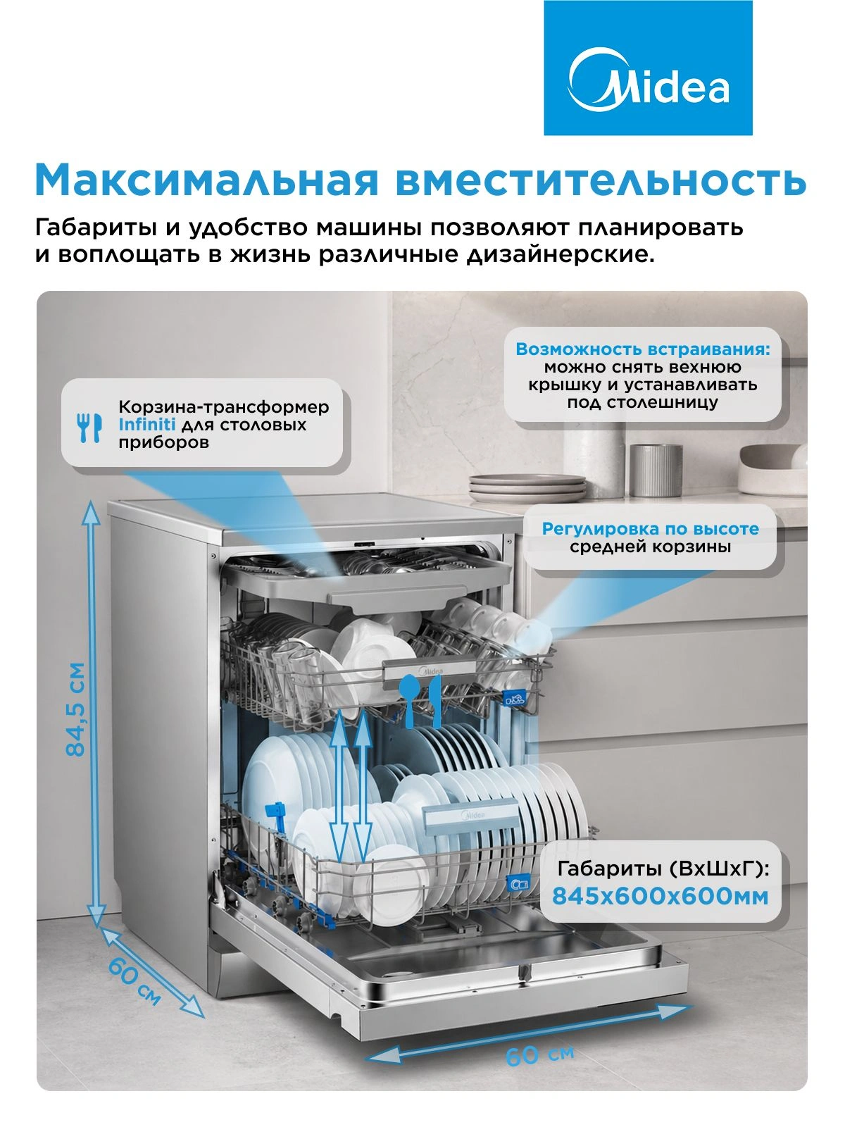 Посудомоечная машина Midea MFD60S460SI серебристый/черный (полноразмерная) инвертор — миниатюра 16