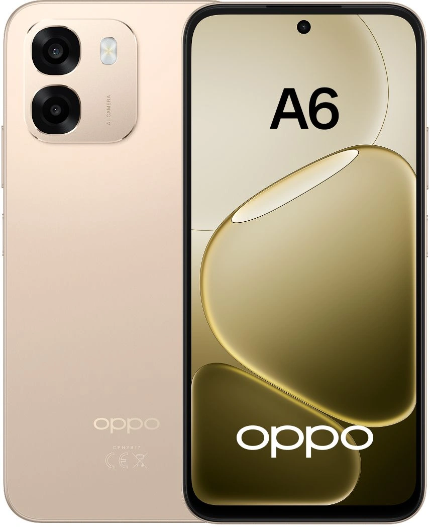 Смартфон Oppo A6 256Gb 8Gb шампань моноблок 3G 4G 2Sim 6.75" 720x1570 Android 15 50Mpix 802.11 a/b/g/n/ac NFC GPS GSM900/1800 Protect A-GPS microSDXC max2048Gb