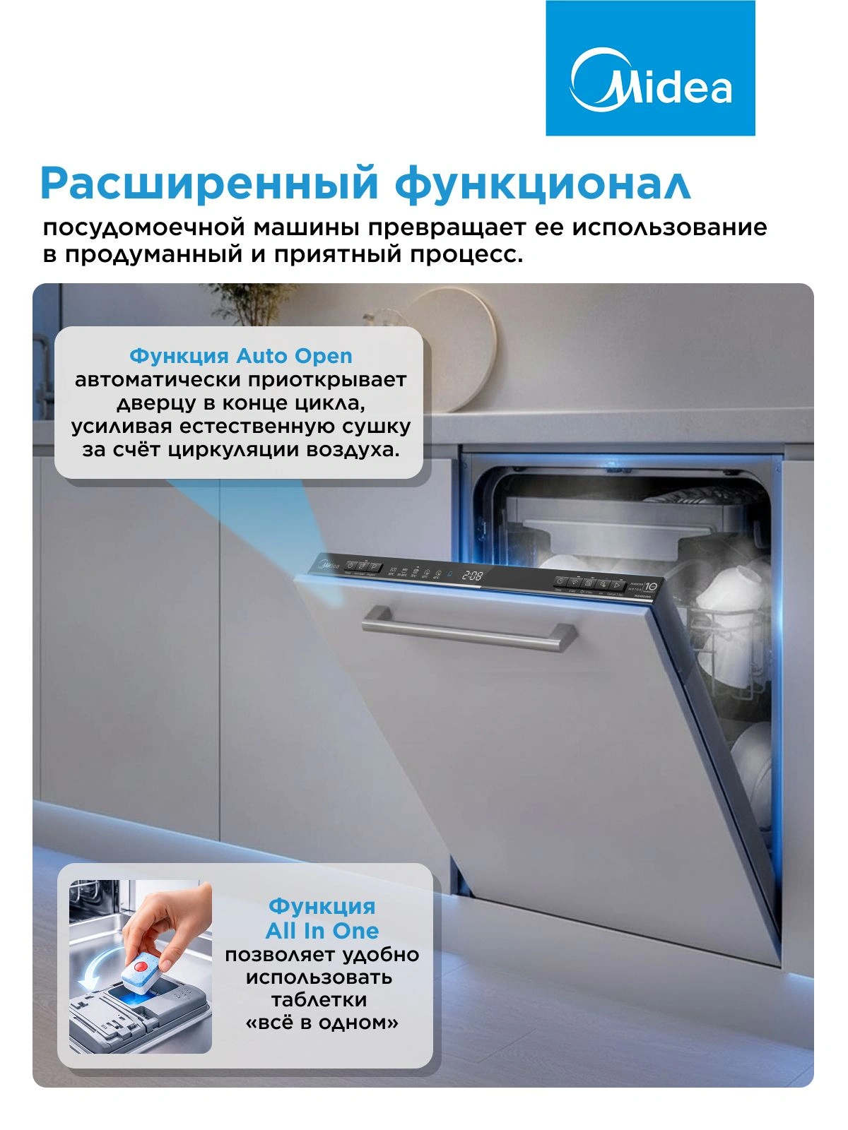 Посудомоечная машина встраив. Midea MID60S485I 2100Вт полноразмерная нержавеющая сталь инвертор — миниатюра 15