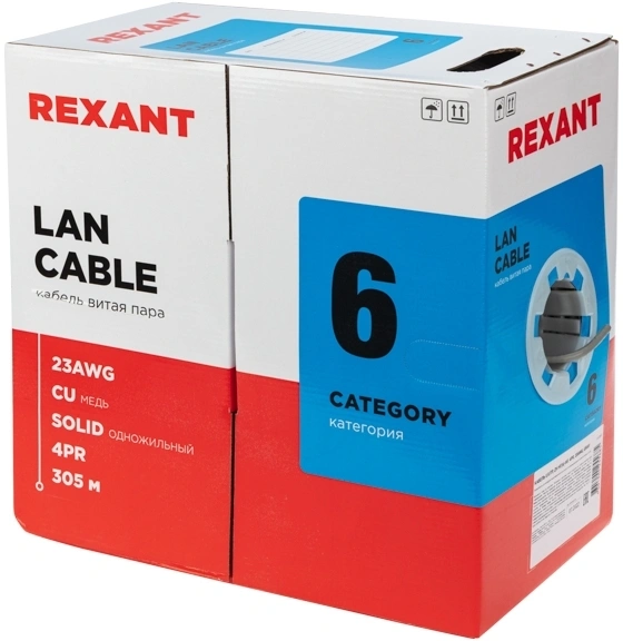 Кабель информационный Rexant 01-0067 кат.6 U/UTP 4 пары нг(А)-HF внешний 305м серый — фото 1