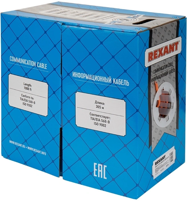 Кабель информационный Rexant 01-0050 кат.6 UTP 4 пары нг(А)-HF внутренний 305м оранжевый — фото 1