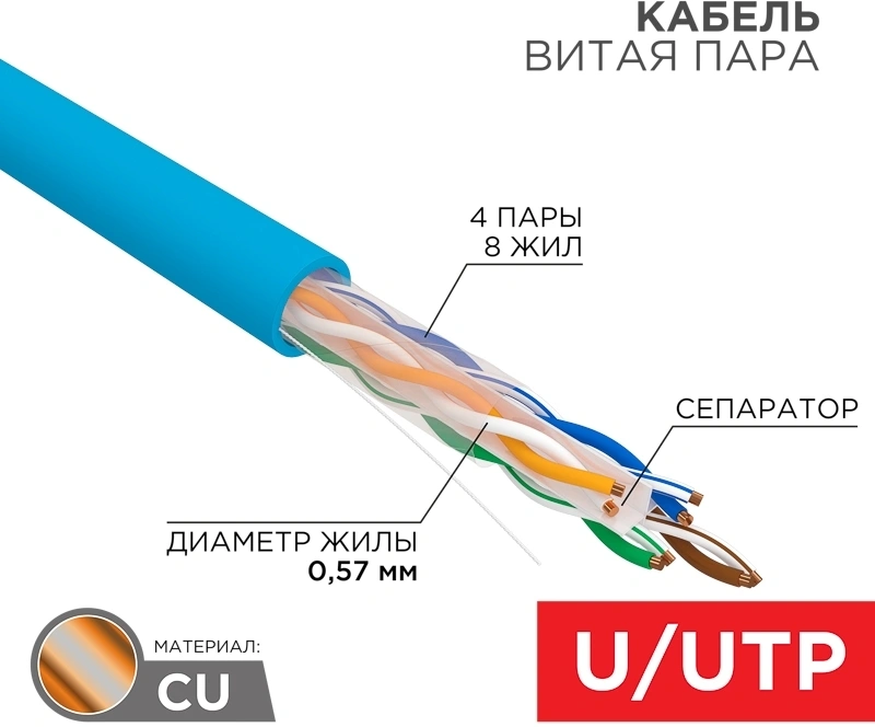 Кабель информационный Rexant 01-0047 кат.6 UTP 4 пары PVC внутренний 305м синий — миниатюра 2