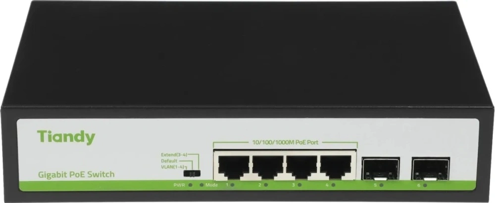 Коммутатор Tiandy TC-P3S06 H/0402/AT/60/V2.0 (L2) 4x1Гбит/с 2SFP 4PoE 60W неуправляемый — фото 1