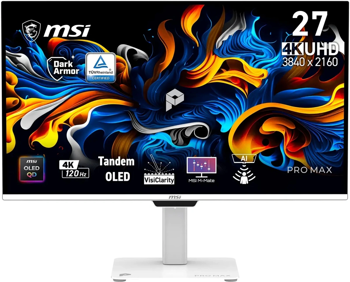 Монитор MSI 26.5" Max 271UPXW12G белый QD OLED LED 16:9 HDMI M/M матовая HAS Piv 250cd 178гр/178гр 3840x2160 120Hz FreeSync Premium Pro DP 4K USB 6.6кг — фото 1