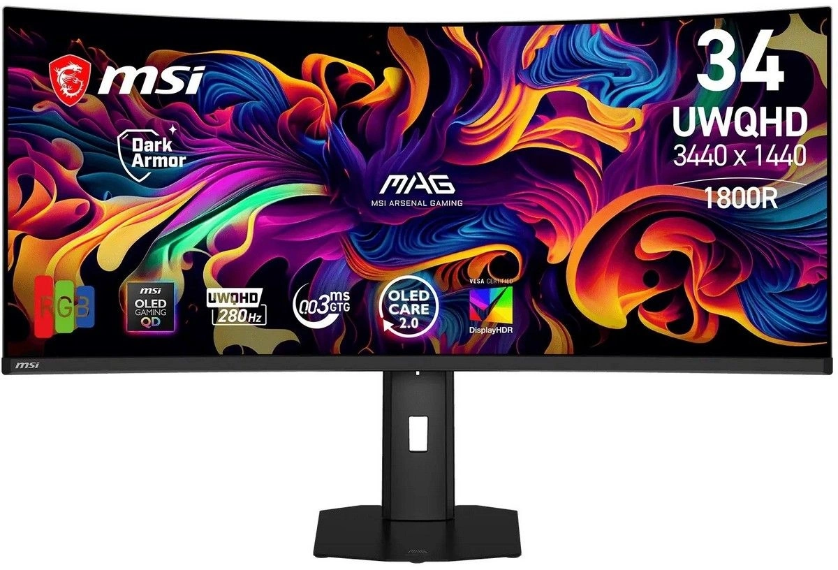 Монитор MSI 34" Mag 341CQP QD-OLED X28 черный QD OLED LED 21:9 HDMI матовая HAS 1500000:1 300cd 178гр/178гр 3440x1440 280Hz G-Sync FreeSync Premium Pro DP UW USB 9.5кг — фото 1