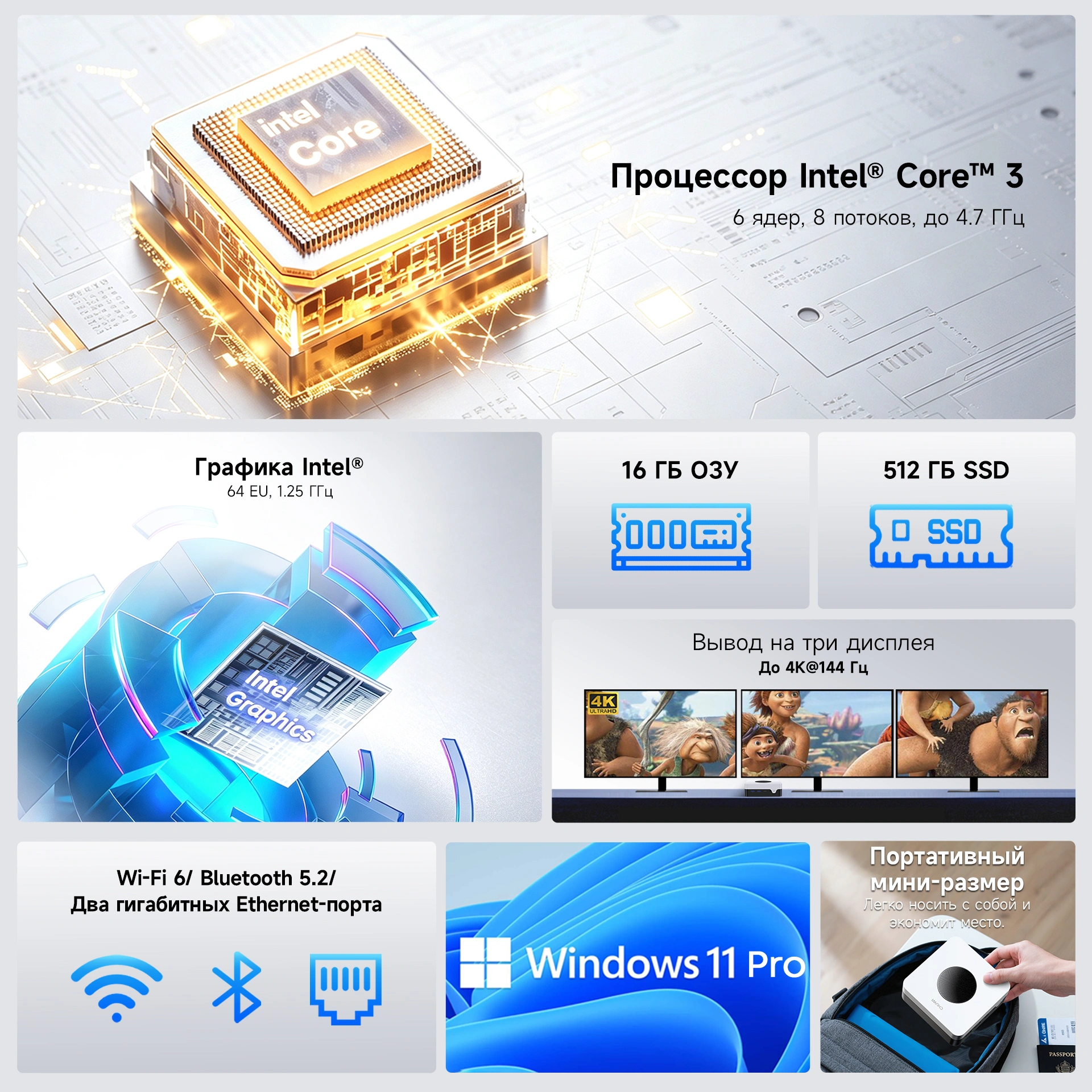 Неттоп Chuwi LarkBox X Core 3 100U (1.2) 16Gb SSD512Gb Graphics Windows 11 Pro 2xGbitEth WiFi BT 65W черный/белый — миниатюра 15