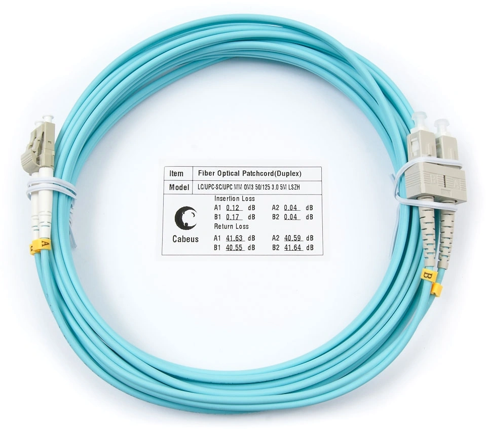 FOP-50-LC-SC-5m Коммутационный шнур оптический Cabeus tight buffer Duplex SC/LC (UPC/UPC) OM3 50/125 LSZH D 3мм 5м цвет: аква