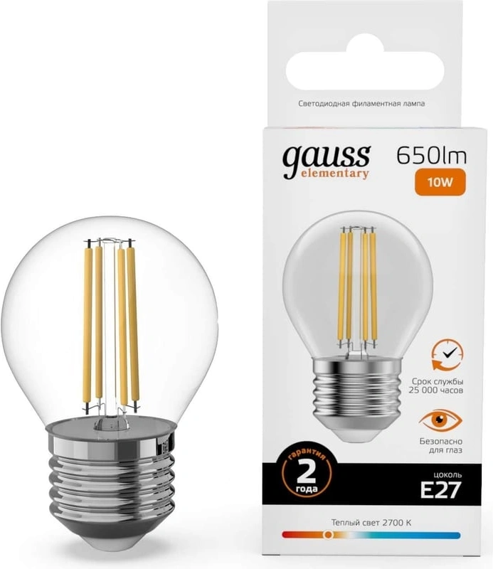 Лампа филам. Gauss Filament 10Вт цок.:E27 шар 220B св.свеч.бел.теп. (упак.:1шт) (52210)