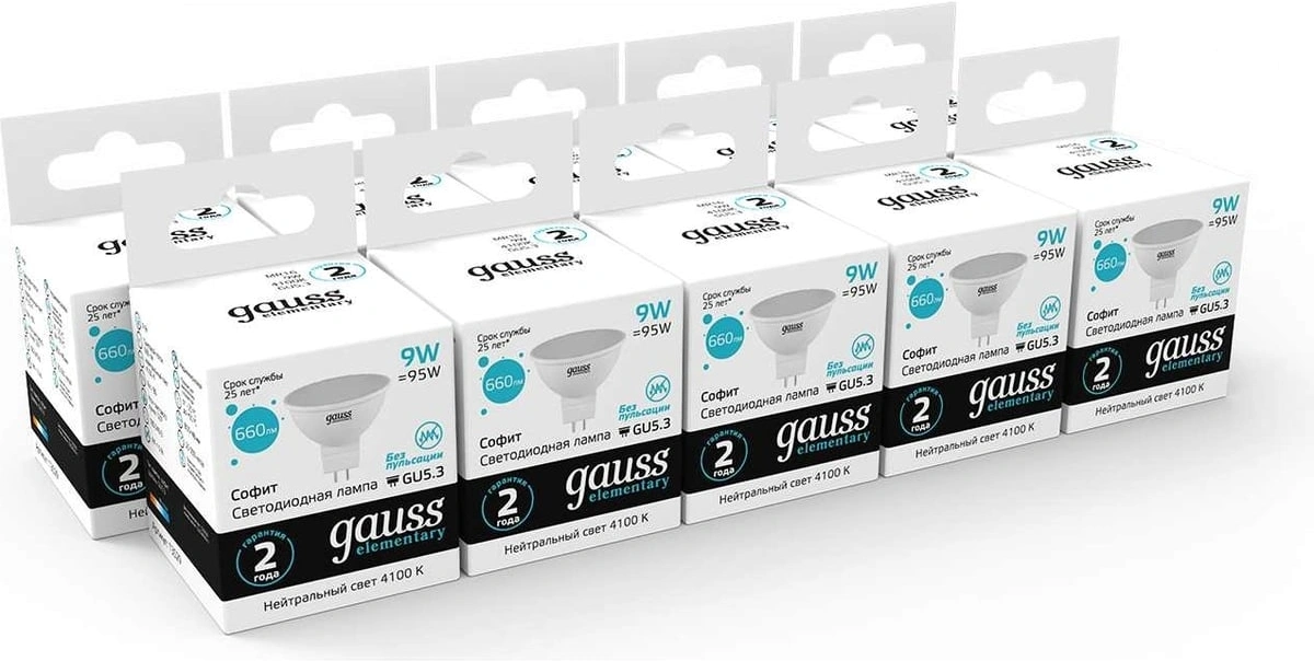 Лампа светодиодная Gauss Elementary MR16 9Вт цок.:GU5.3 софит 220B св.свеч.бел.теп. MR16 (упак.:1шт) (13529) — миниатюра 2