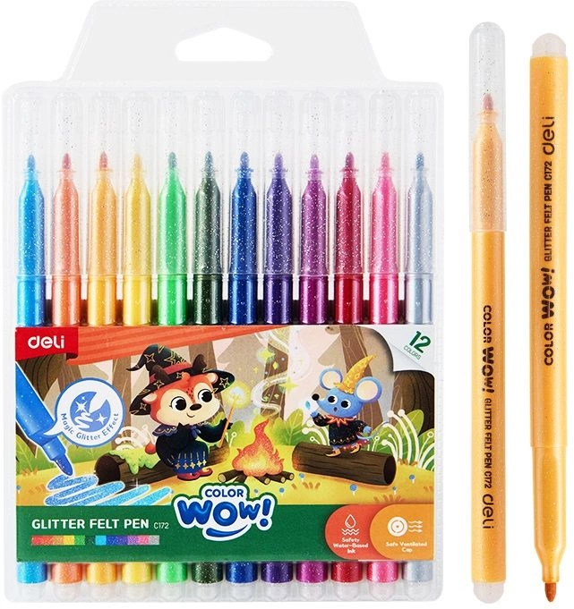 Фломастеры Deli EC172 Colorwow пулевидный пиш. наконечник Вентилируемый с блестками 12цв. (12шт.) — фото 1