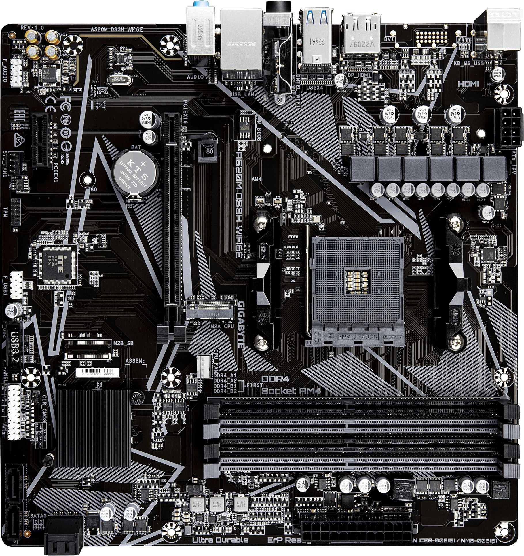 Материнская плата Gigabyte A520M DS3H WF6E Soc-AM4 AMD A520 4xDDR4 mATX AC`97 8ch(7.1) GbLAN RAID+HDMI+DP — фото 1
