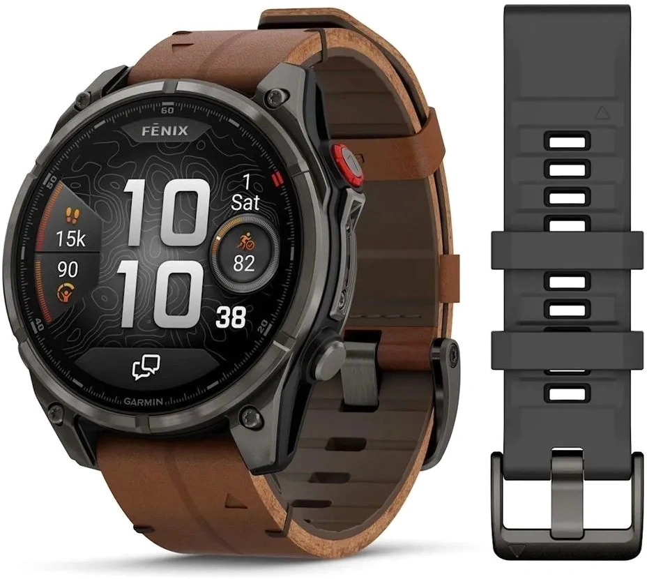 Умные часы GARMIN FENIX 8 PRO 47mm Amoled Sapphire Lens Titanium With Chestnut Leather Band Plus Pabble gray silicone