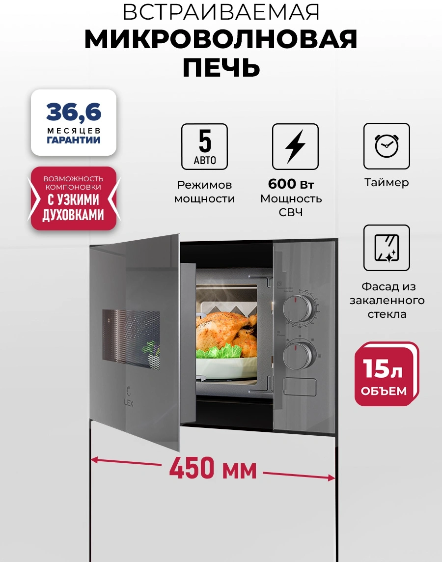 Микроволновая печь Lex BIMO 15.01N GR 15л. 600Вт серый (встраиваемая) — миниатюра 4