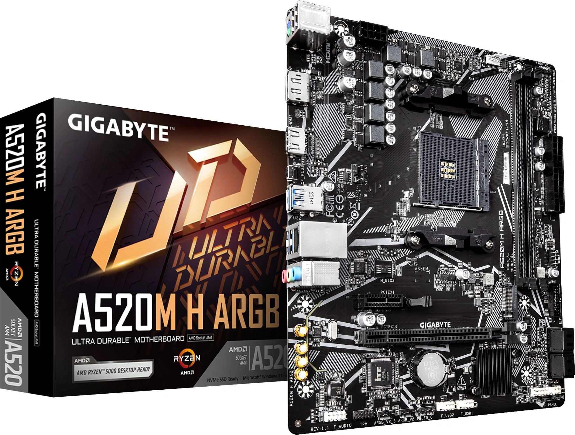 Материнская плата Gigabyte A520M H ARGB Soc-AM4 AMD A520 2xDDR4 mATX AC`97 8ch(7.1) GbLAN RAID+HDMI+DP — миниатюра 2