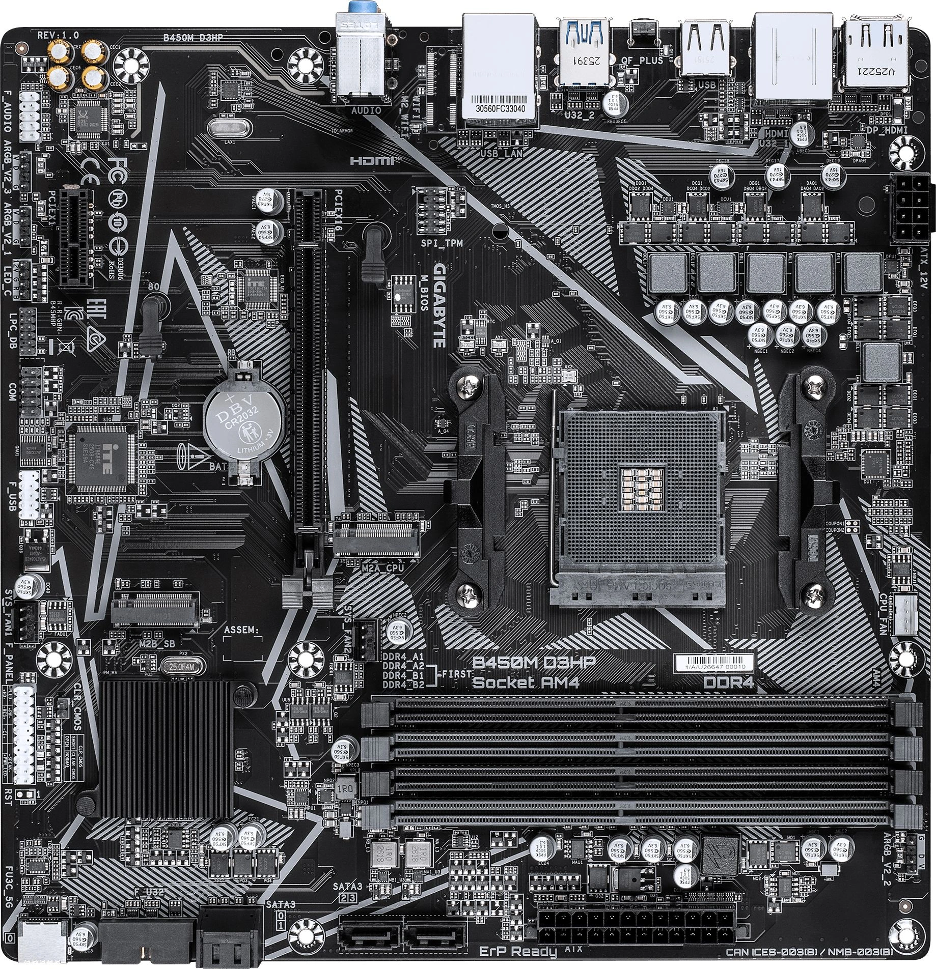 Материнская плата Gigabyte B450M D3HP Soc-AM4 AMD B450 4xDDR4 mATX AC`97 8ch(7.1) GbLAN RAID+HDMI+DP — фото 1