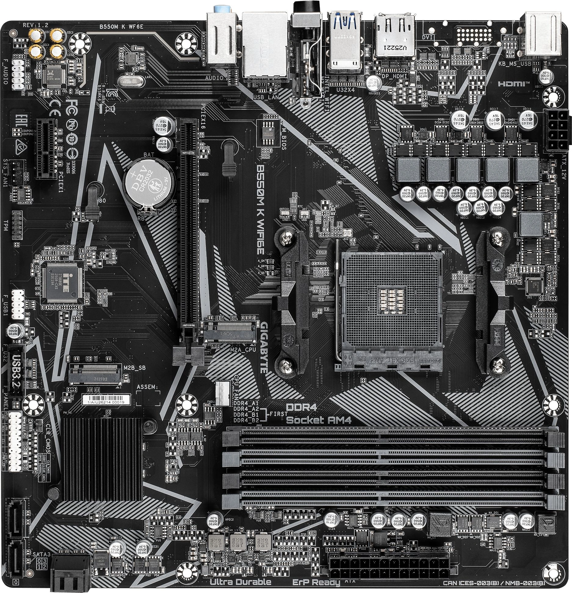 Материнская плата Gigabyte B550M K WF6E Soc-AM4 AMD B550 4xDDR4 mATX AC`97 8ch(7.1) GbLAN RAID+HDMI+DP — фото 1