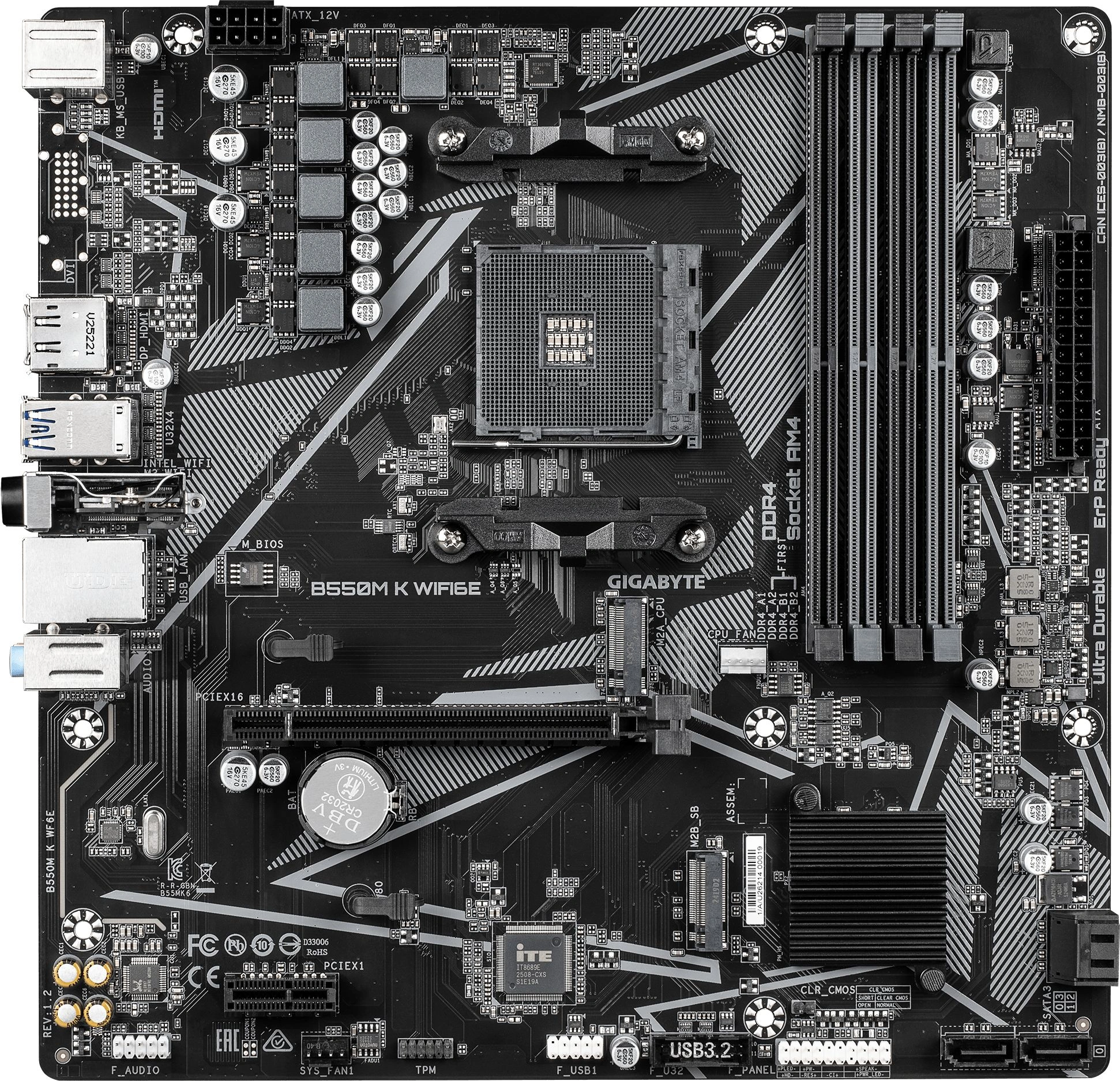 Материнская плата Gigabyte B550M K WF6E Soc-AM4 AMD B550 4xDDR4 mATX AC`97 8ch(7.1) GbLAN RAID+HDMI+DP — миниатюра 3