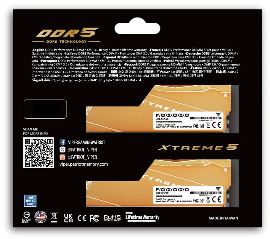 Память DDR5 2x32GB 6000MHz Patriot VXA564G6030K Viper Xtreme 5 Aurum RTL Gaming PC5-48000 CL30 DIMM UDIMM 288-pin 1.35В dual rank с радиатором Ret — миниатюра 6