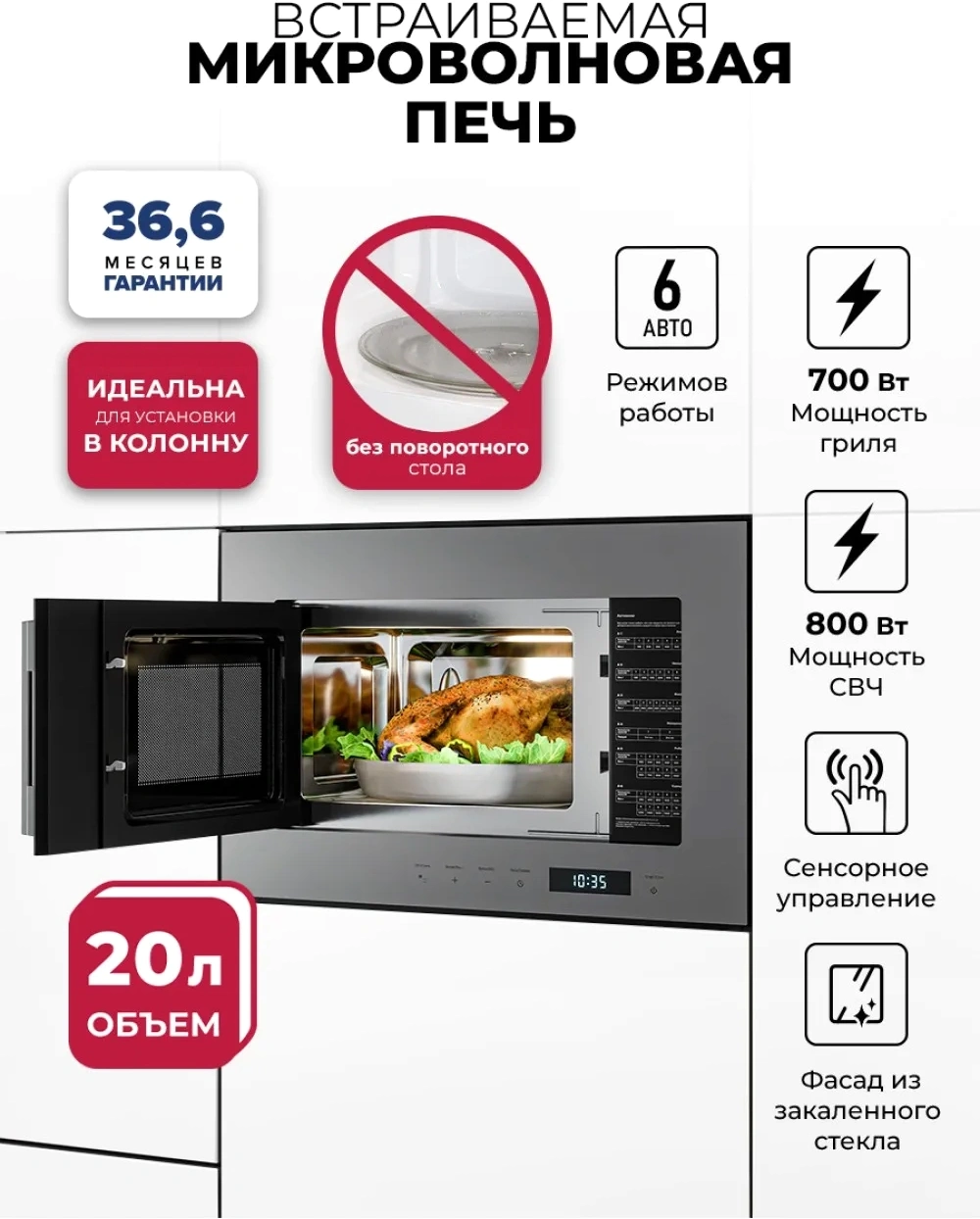 Микроволновая печь Lex BIMO 20.07N 20л. 800Вт серый (встраиваемая) — миниатюра 6