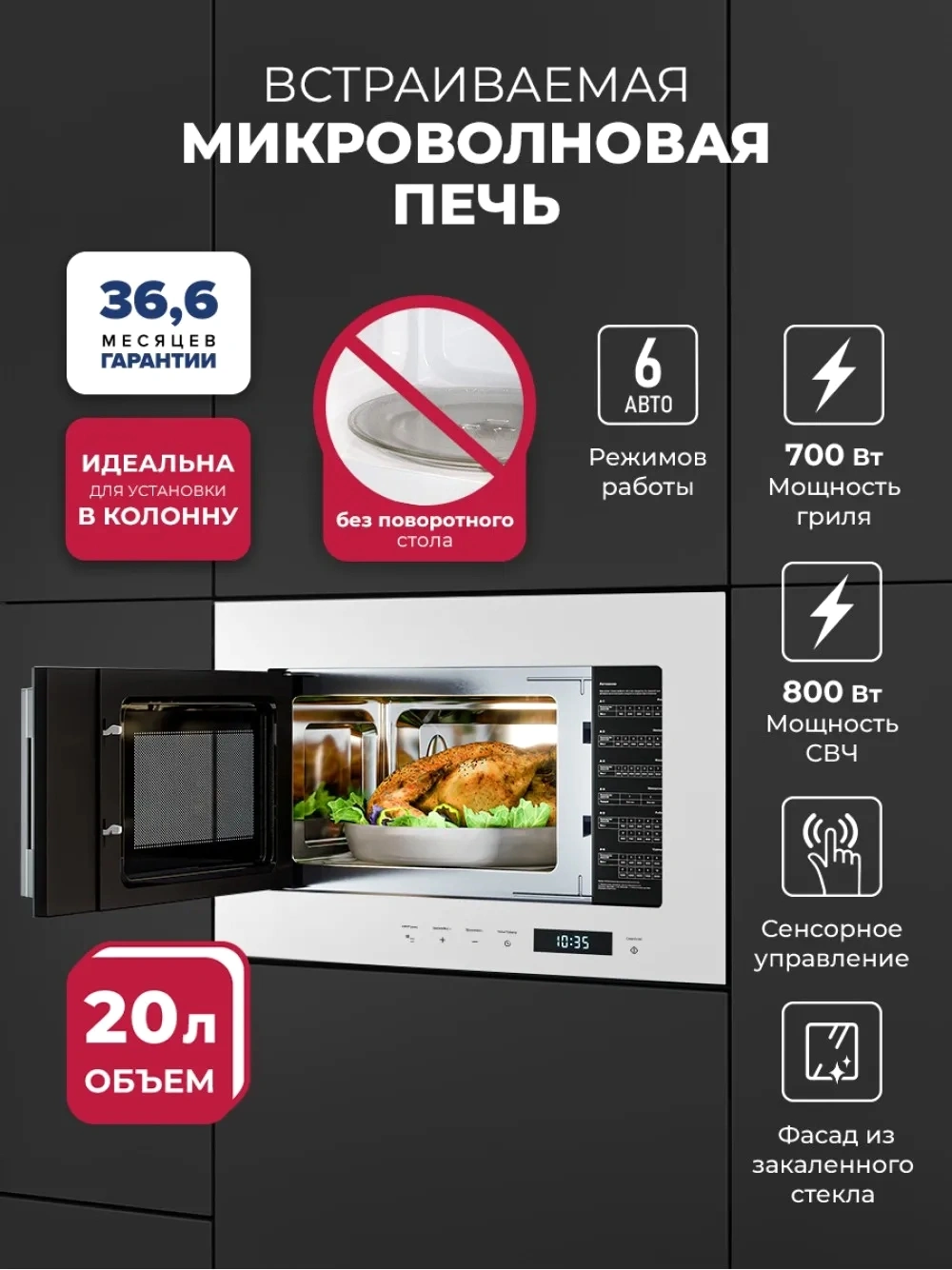 Микроволновая печь Lex BIMO 20.07N 20л. 800Вт белый (встраиваемая) — миниатюра 4