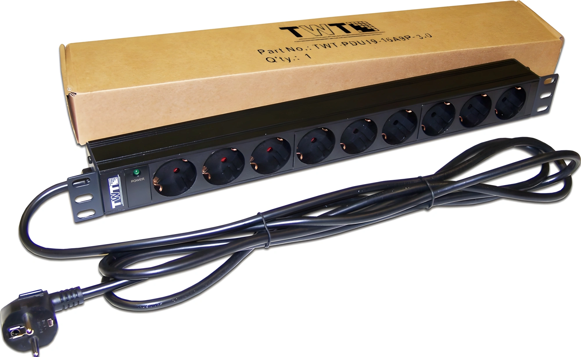 Блок распределения питания Lanmaster TWT-PDU19-16A9P-3.0 гор.размещ. 9xSchuko базовые 16A Schuko 3м — фото 1