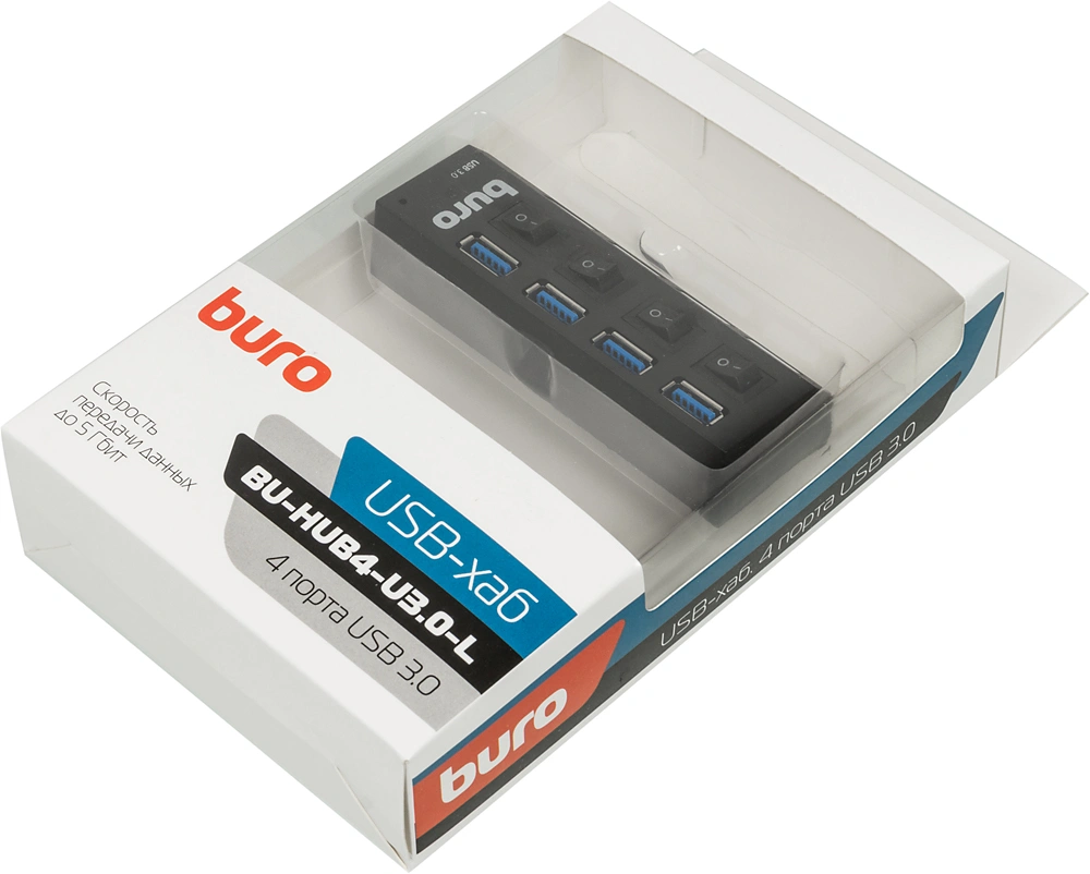 Разветвитель USB 3.0 Buro BU-HUB4-U3.0-L 4порт. черный — миниатюра 5