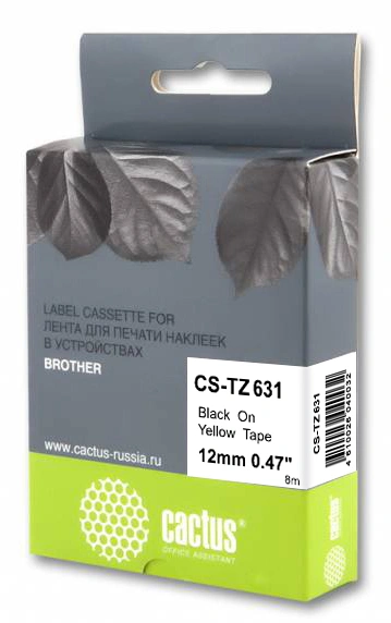 Картридж ленточный Cactus CS-TZ631 TZe-631 черный на желтом 12x8 для Brother 1010/1260VP/1830VP/9700PC — фото 1