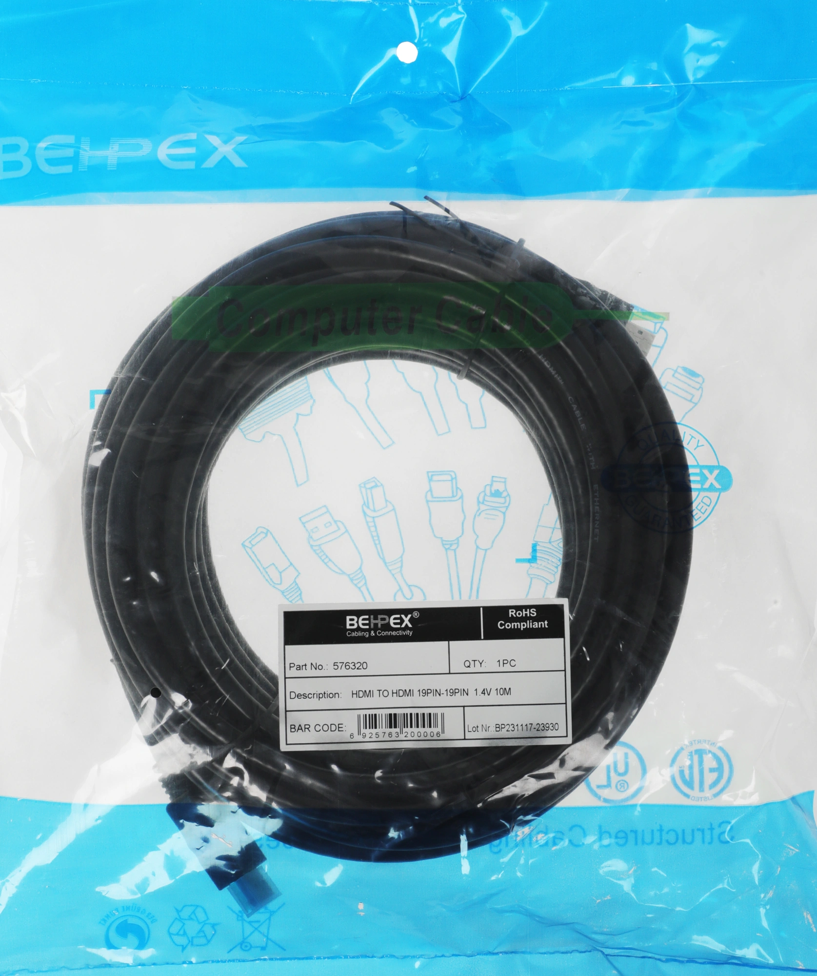 Кабель аудио-видео ver 1.4 HDMI (m)/HDMI (m) 10м. черный — фото 1