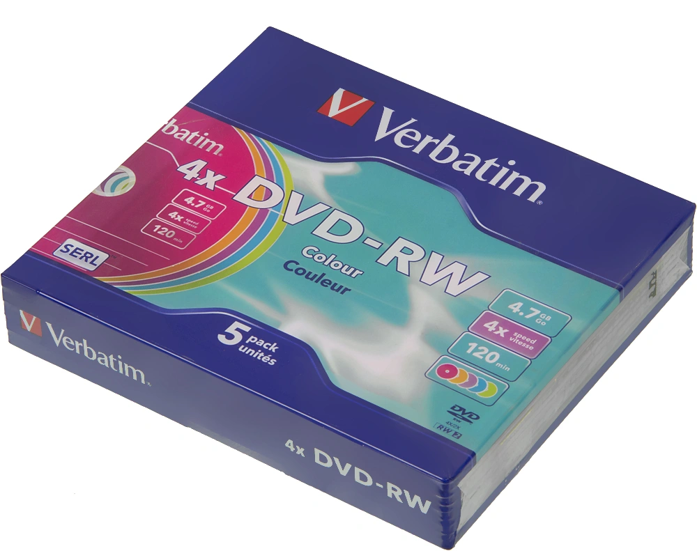 Диск DVD-RW Verbatim 4.7Gb 4x Slim case (5шт) Color (43563) — фото 1