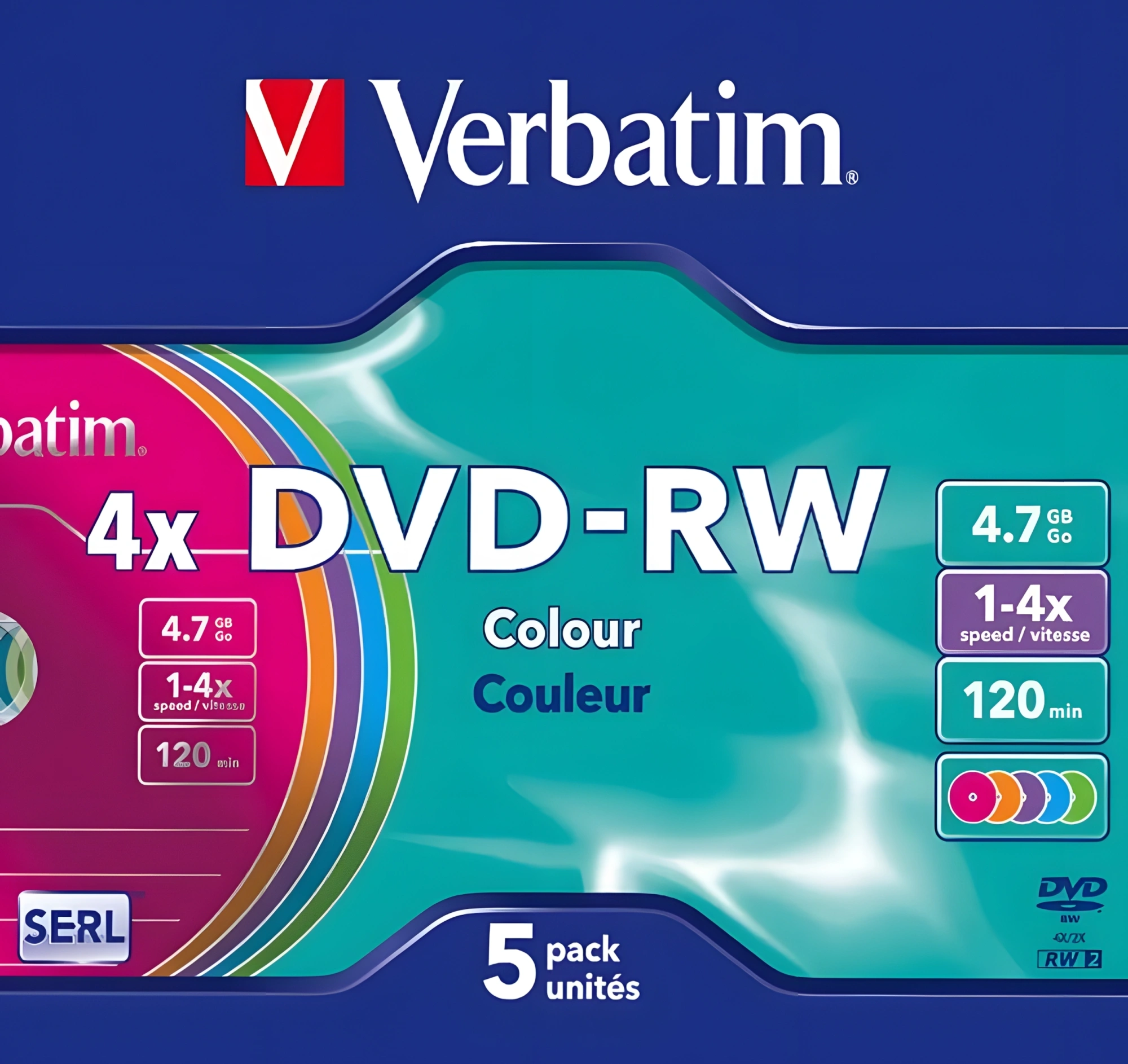 Диск DVD-RW Verbatim 4.7Gb 4x Slim case (5шт) Color (43563) — миниатюра 2