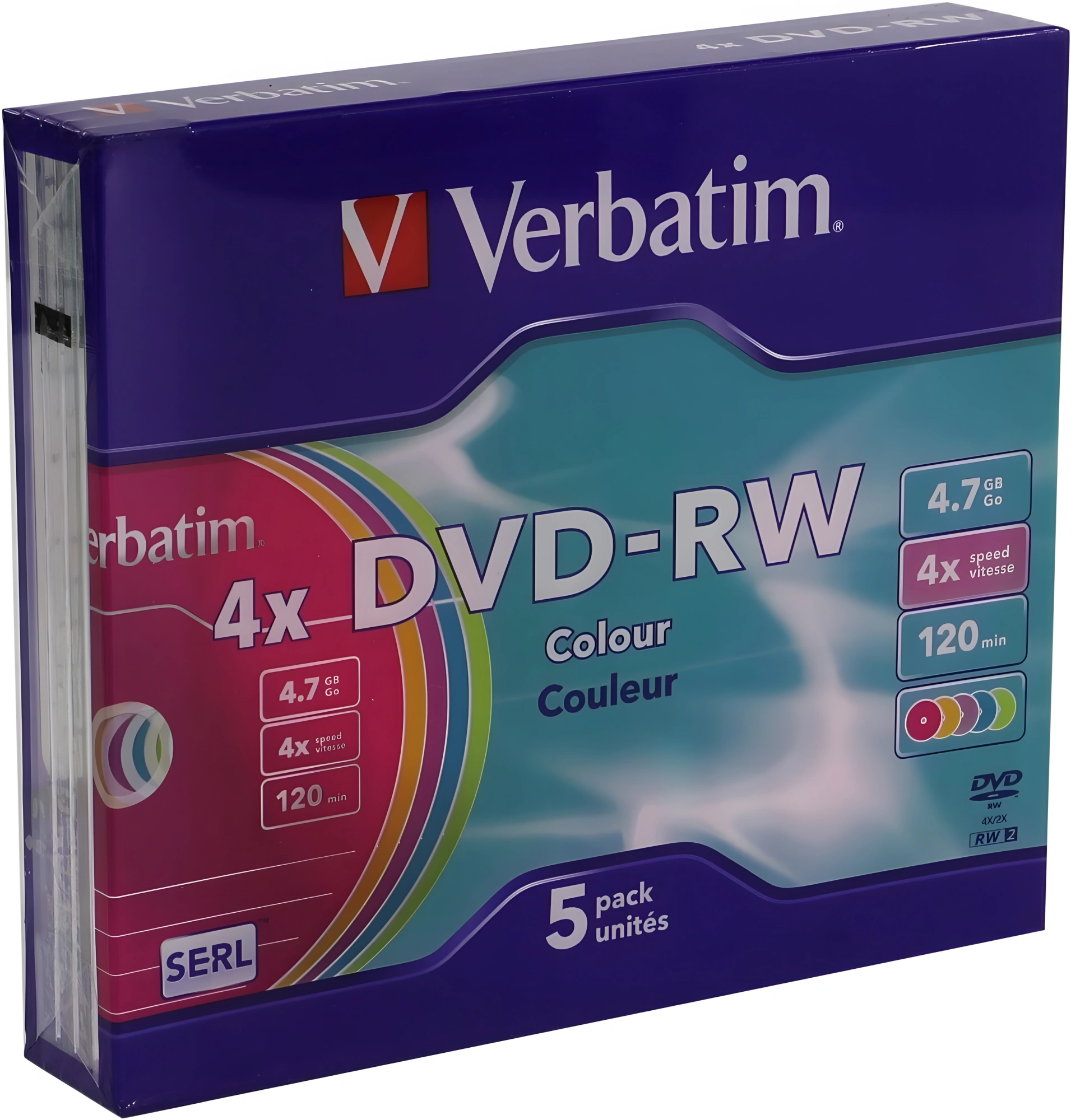 Диск DVD-RW Verbatim 4.7Gb 4x Slim case (5шт) Color (43563) — миниатюра 4