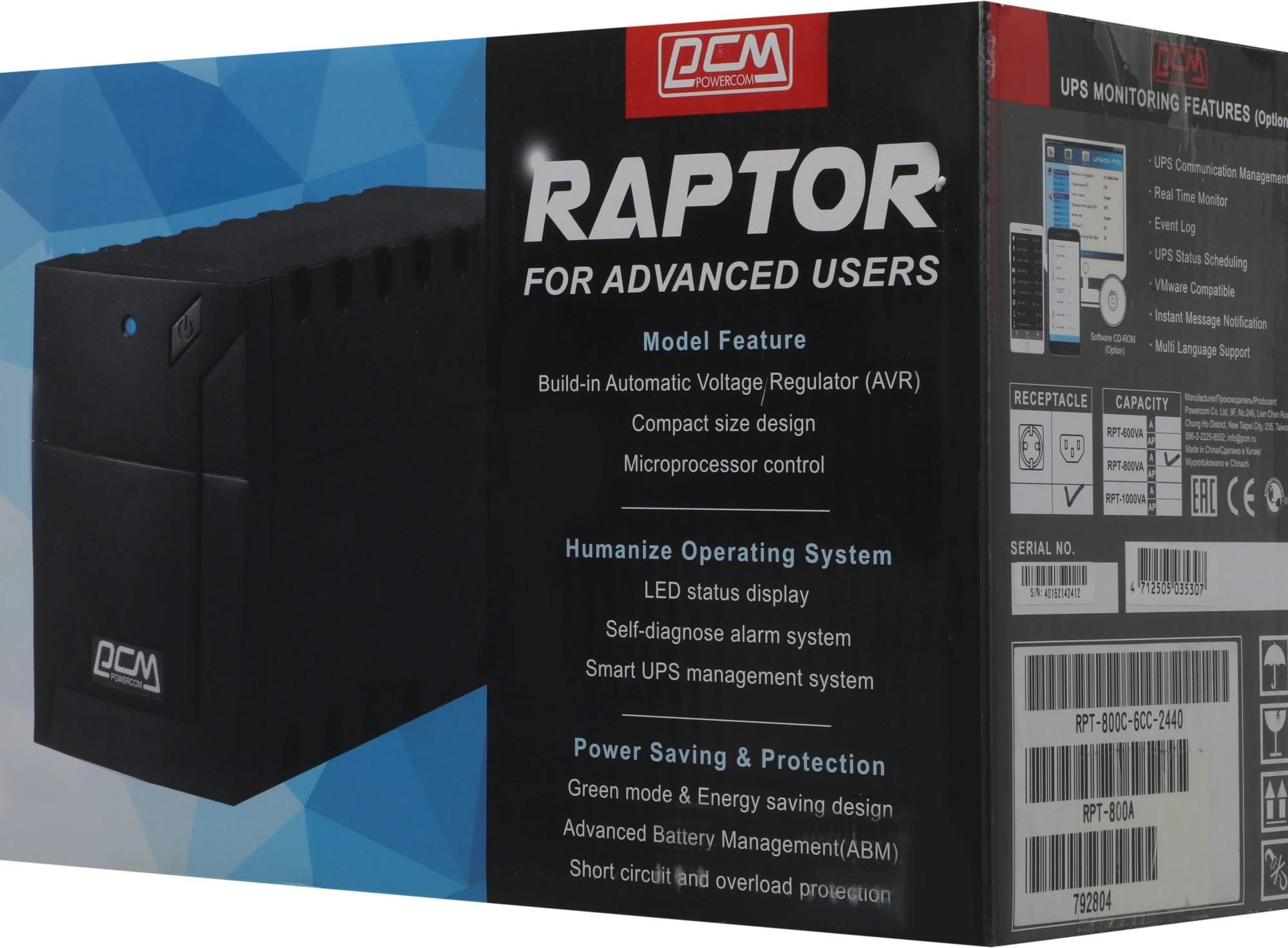 Источник бесперебойного питания Powercom Raptor RPT-800A 480Вт 800ВА черный — фото 1