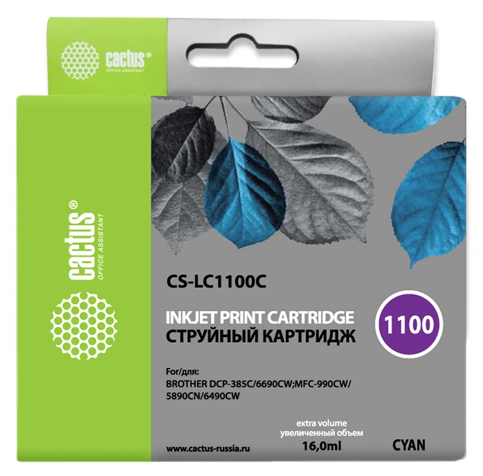 Картридж струйный Cactus CS-LC1100C голубой (16мл) для Brother DCP-385c/6690cw/MFC-990/5890/5895/6490 с чипом — фото 1