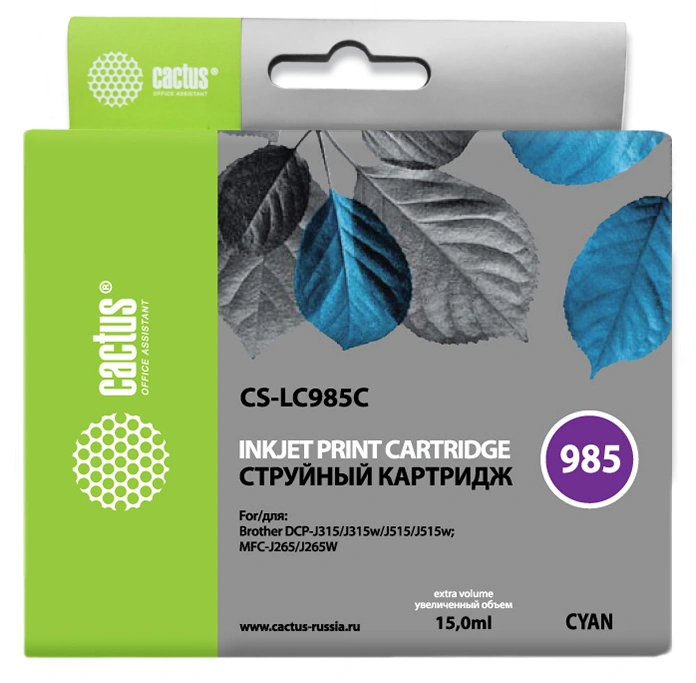 Картридж струйный Cactus CS-LC985C голубой (15мл) для Brother DCPJ315W/DCPJ515W/MFCJ265W с чипом — фото 1
