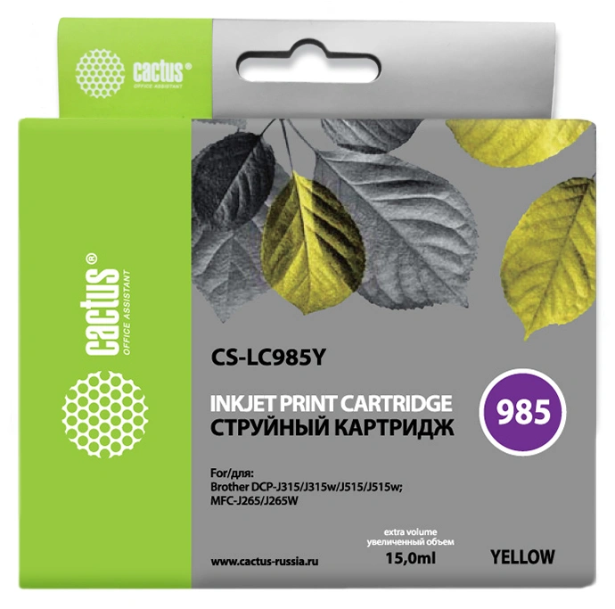 Картридж струйный Cactus CS-LC985Y желтый (15мл) для Brother DCPJ315W/DCPJ515W/MFCJ265W с чипом — фото 1