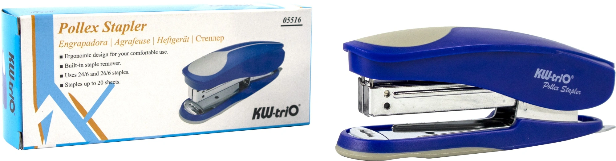 Степлер Kw-Trio 05516 Half-strip Pollex 24/6 26/6 (20листов) встроенный антистеплер ассорти 105скоб — миниатюра 12