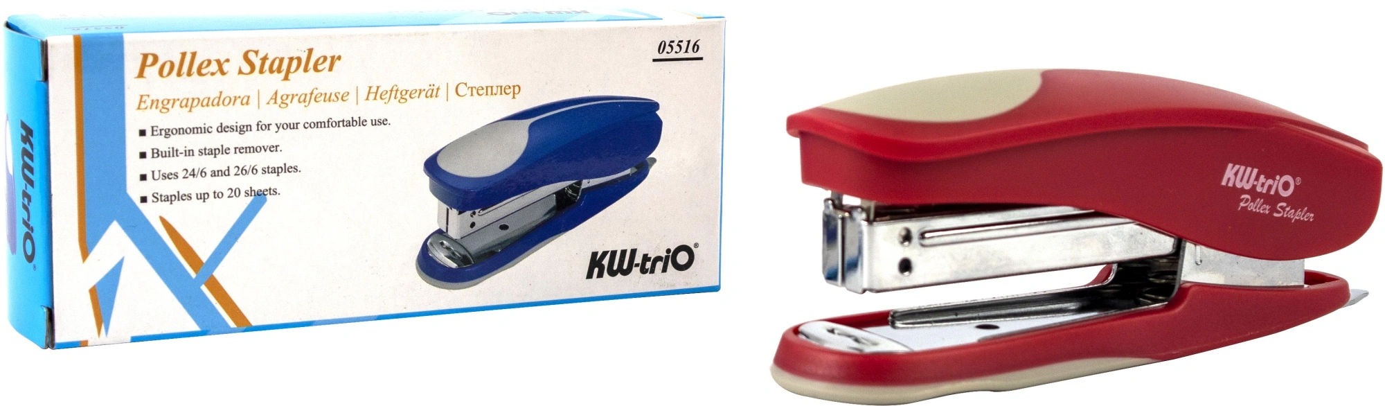 Степлер Kw-Trio 05516 Half-strip Pollex 24/6 26/6 (20листов) встроенный антистеплер ассорти 105скоб — миниатюра 13