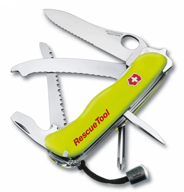 Нож перочинный Victorinox RescueTool One Hand (0.8623.MWN) 111мм 13функц. желтый карт.коробка в комплекте: чехол нейл. — фото 1